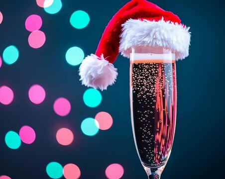 Festive glass of champagne with Santa hat.