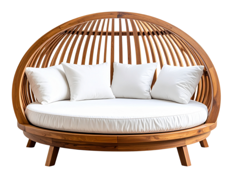 Modern Spherical Wooden Daybed with White Cushions, Transparent PNG