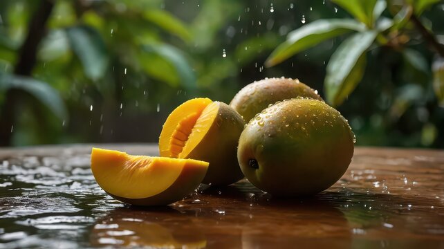 A close up of fresh mangoes with water droplets on a wooden surface and green foliage background - Powered by Adobe