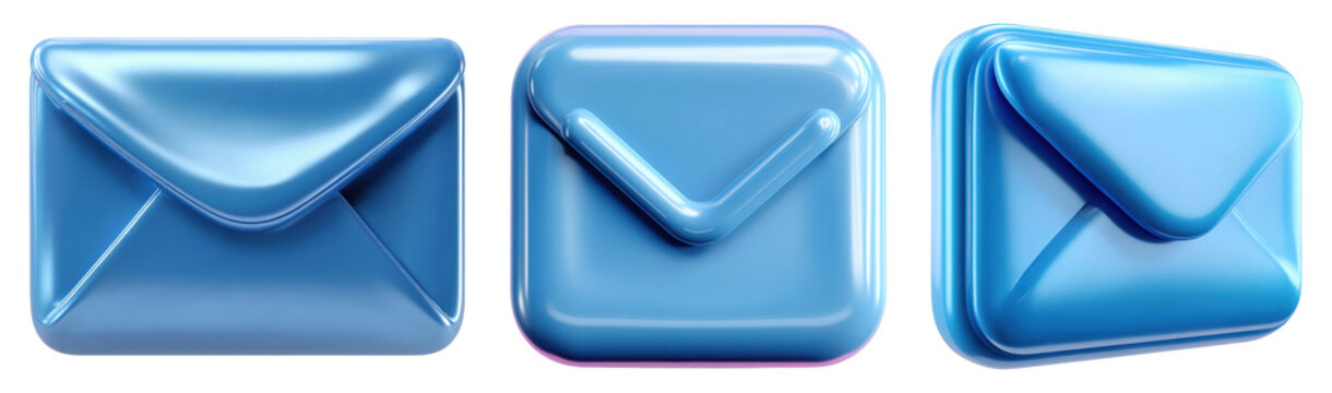 Glossy blue envelope icons in cartoon 3D style, mail and message symbols, isolated on transparent background