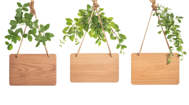 Set of rustic wooden signboards hanging with green leaves natural decorative signage for garden or outdoor use isolated on white background