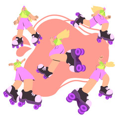 Stylized female character in various roller skating poses wearing green top purple shorts and helmet in flat colorful style on white background