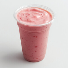 Strawberry milk smoothie in a plastic cup, isolated on white background