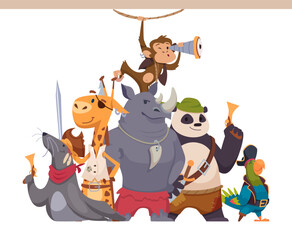 Pirate couple. wild animals with weapons standing together. cartoon pirates