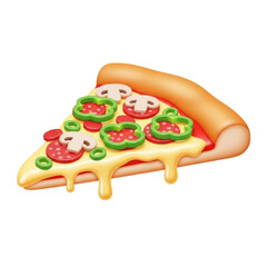 Colorful cartoon pizza slice with vegetables and cheese dripping