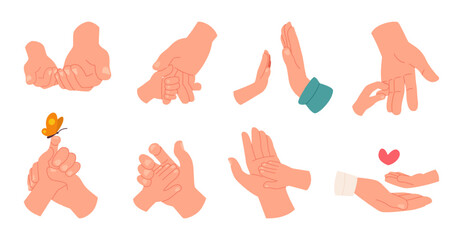 Kids and adults hands. Parents mother or father holding little children hand exact vector concept set of love and life support of kids