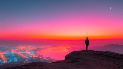 Fototapeta premium Silhouette of a person on a cliff overlooking a city at sunrise