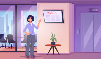 Fototapeta premium Business people in office. Managers hands pointing on ads banner in office interior exact vector background