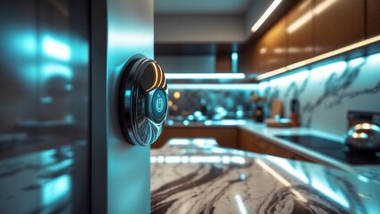 Smart thermostat on wall in modern kitchen with marble countertop and ambient lighting