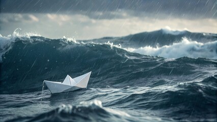 Paper boat floats on turbulent ocean waves during a rainstorm. The image captures the contrast between the fragile paper craft and the powerful, rough sea, evoking feelings of resilience. See Less.