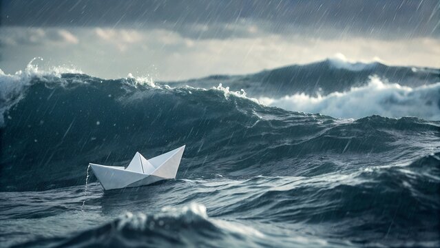Paper boat floats on turbulent ocean waves during a rainstorm. The image captures the contrast between the fragile paper craft and the powerful, rough sea, evoking feelings of resilience. See Less.