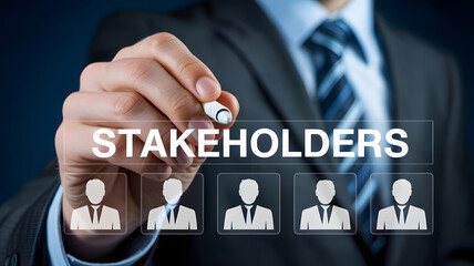 Businessman touches stakeholders button with a pen, indicating collaborative teamwork in corporate governance and business relations for successful project management.