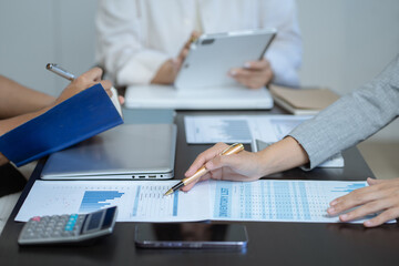 Business meeting account managers crew working search page on computer with new startup project. Idea presentation, analyze plans.