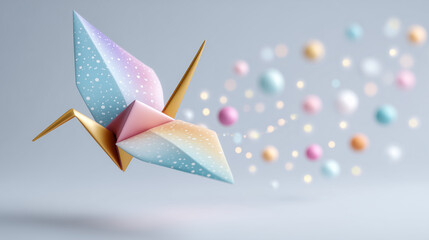 Origami crane glides gracefully across smooth pastel backdrop. Delicate spheres float around it, creating a whimsical effect. Concept of creativity, art, design