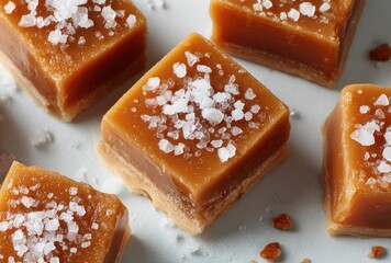 Delicious Caramel Squares Topped with Sea Salt on White Background, Perfect for Dessert Recipes or Sweet Treats Compilation and Food Photography