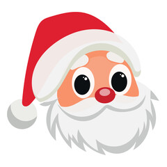 Happy Santa Claus Face Portrait. Cartoon Funny Christmas and New Year Santa Old Man with Beard in Red Hat Character. Winter Holiday Celebration Card Element. Santa Sticker Icon. Positive Santa Avatar.