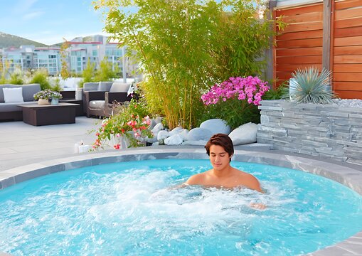 Man relaxing in outdoor hot tub