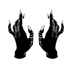 On a white background there is a black silhouette of hands performing a mystical gesture