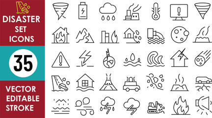 The image shows 35 editable vector stroke icons related to disasters like floods, fire, tornado, earthquake, volcano, tsunami, heatwave, storm, landslide, and drought