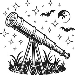 Black and white vector cartoon illustrations of a rocket and a telescope symbolize the powerful concept of an idea igniting with light and energy, like a plug connecting to a lamp