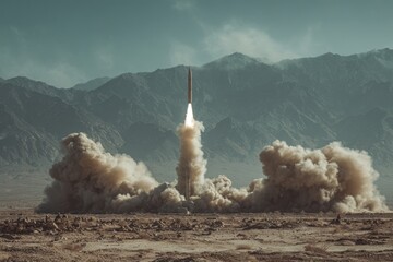 Rocket Launching in Desert with Mountain Range in Background