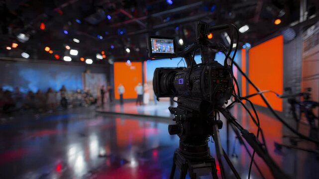Professional Film Camera on Tripod Recording in Modern Television Studio with Bright Stage Lighting