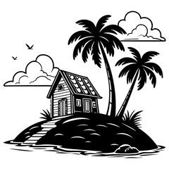 Obraz premium Silhouette of Tropical Island House with Palm Trees; A black and white drawing of a house on a beach