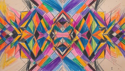 Striking symmetrical design features bold geometric shapes in a variety of colors. The intricate arrangement highlights creative expression and artistic flair, inviting viewer engagement