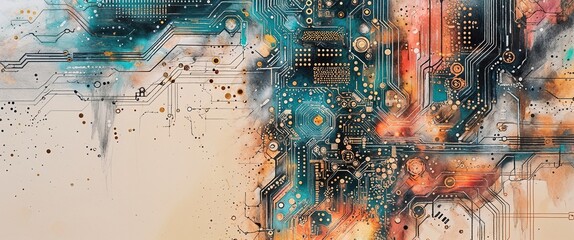 The artwork features an abstract representation of a circuit board, combining vibrant colors with intricate patterns. The composition conveys a sense of connectivity and technological energy