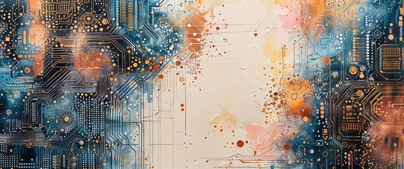 This artwork presents an abstract interpretation of technology, showcasing intricate patterns along with vibrant hues that evoke a sense of digital innovation and creativity