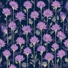 Seamless Pattern of Elegant Purple Flowers on Dark Background