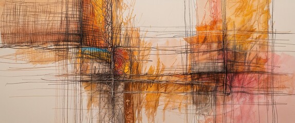 This artwork features a mix of vibrant colors like orange and blue amid intricate, intersecting lines. The abstract forms evoke emotions, inviting viewers to interpret their meanings and connections
