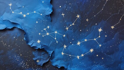 Vibrant abstract sketch features a deep blue background with bright stars forming various constellations across a textured surface. The artwork captures the essence of a cosmic night