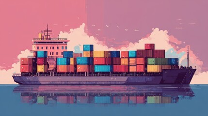 Obraz premium Sea container freighter flat design front view theme: harbor operations animation colored pastel.