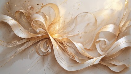 This artwork features a complex arrangement of elegant, flowing ribbons and intricate patterns. Soft golden tones blend harmoniously, creating a sense of movement and depth in the piece