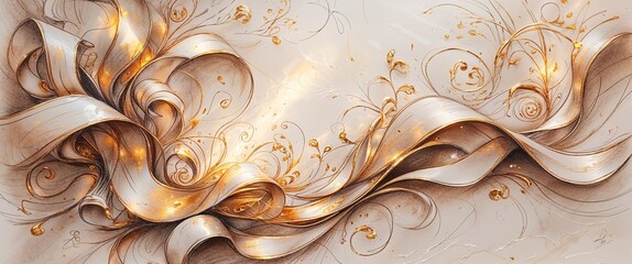 An ornate abstract sketch showcases flowing ribbons intertwined with whimsical floral elements, accented by soft colors and a touch of gold. The composition exudes elegance and creativity