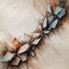 Intricate lines and soft colors create an abstract composition of fragmented shapes. The artwork portrays movement and depth, engaging the viewer with its dynamic forms