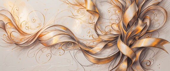 This artwork showcases a beautiful arrangement of flowing lines and golden ribbons, creating an elegant design with intricate swirls and patterns, evoking a sense of movement and grace