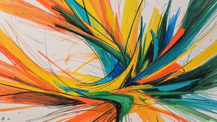 A colorful abstract sketch features swirling lines in shades of orange, green, and yellow, conveying a sense of movement and energy in an expressive artistic style, evoking emotion