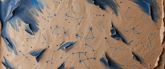 This abstract sketch showcases a textured surface featuring constellations rendered in blue hues against a brown background. The artistic representation emphasizes celestial themes