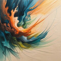 An intricate abstract sketch features dynamic swirls of color, blending warm hues with cool tones. The flowing lines create a sense of movement and depth, captivating the viewer