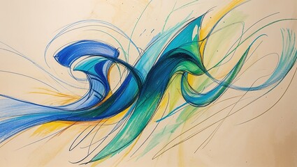 Colorful abstract sketch features flowing lines and curves in blue and green tones surrounded by soft yellow highlights, creating a sense of movement and fluidity