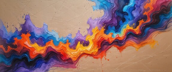 Intricate sketch showcases dynamic waves of vibrant colors, flowing seamlessly across a textured background. The blend of blue, orange, and purple creates a captivating visual experience