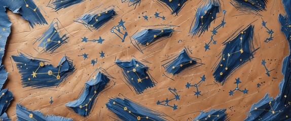 Colorful abstract sketch features a variety of constellations arranged across a textured surface resembling warm earth tones. The artwork invites viewers to explore the interplay of shapes and colors
