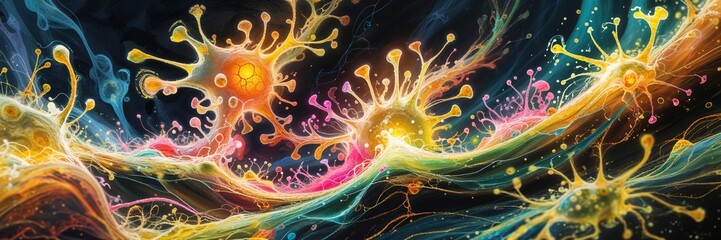 Bright and colorful shapes intermingle in an abstract composition, creating a sense of movement and fluidity. Various elements pulse with life against a dark background, evoking emotion