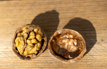 walnut opened on wooden table