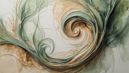 Intricate swirls and curves merge with soft, natural hues, creating a harmonious composition emphasizing fluid movement and the beauty of organic design