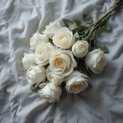 Obraz premium White Roses on Mist Grey Linen with Dew — Calm, Elegant Ultra-Close Floral Composition