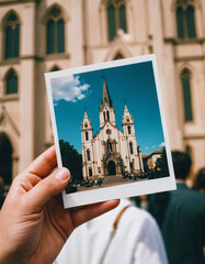 Hand holding a photograph of a Gothic cathedral against the actual backdrop of the same building. Capture highlights architectural symmetry and the vibrant fusion of past and present.