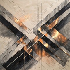 Intricate abstract sketch displays a dynamic arrangement of intersecting lines and geometric shapes. The use of bold contrasts creates depth and visual interest, emphasizing artistic expression